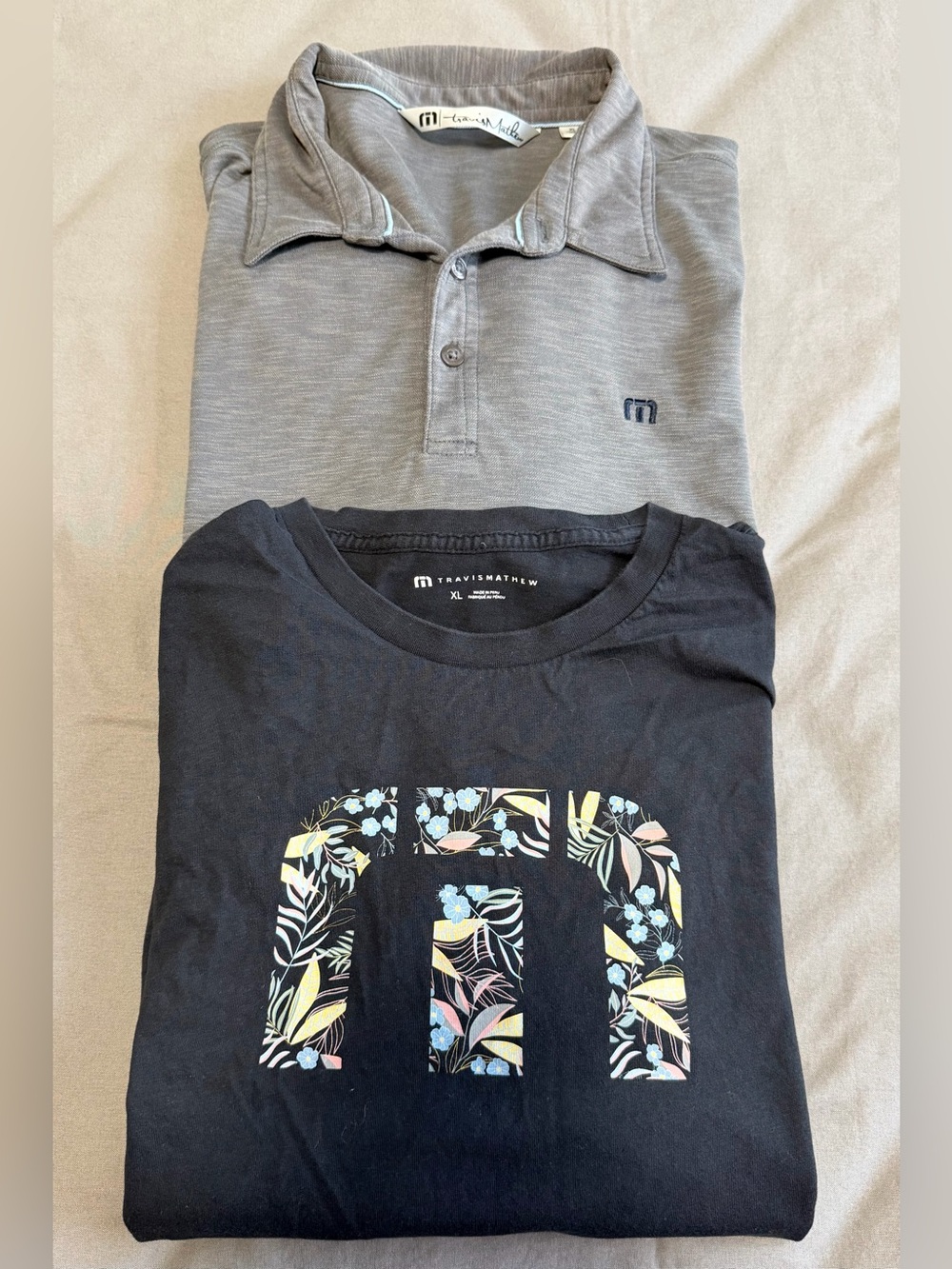 2 Travis Mathew Golf Shirts - Black T-shirt & Gray TPC San Antonio Polo Size XL